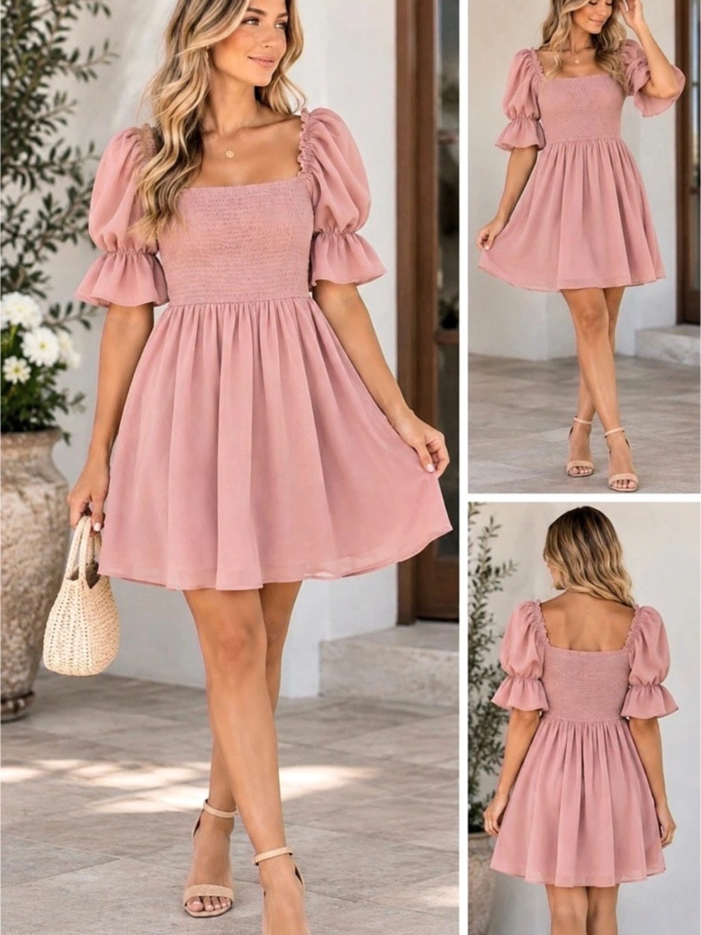 By Anthropologie Puff-Sleeve Square-Neck Smocked Mini Dress Pink
